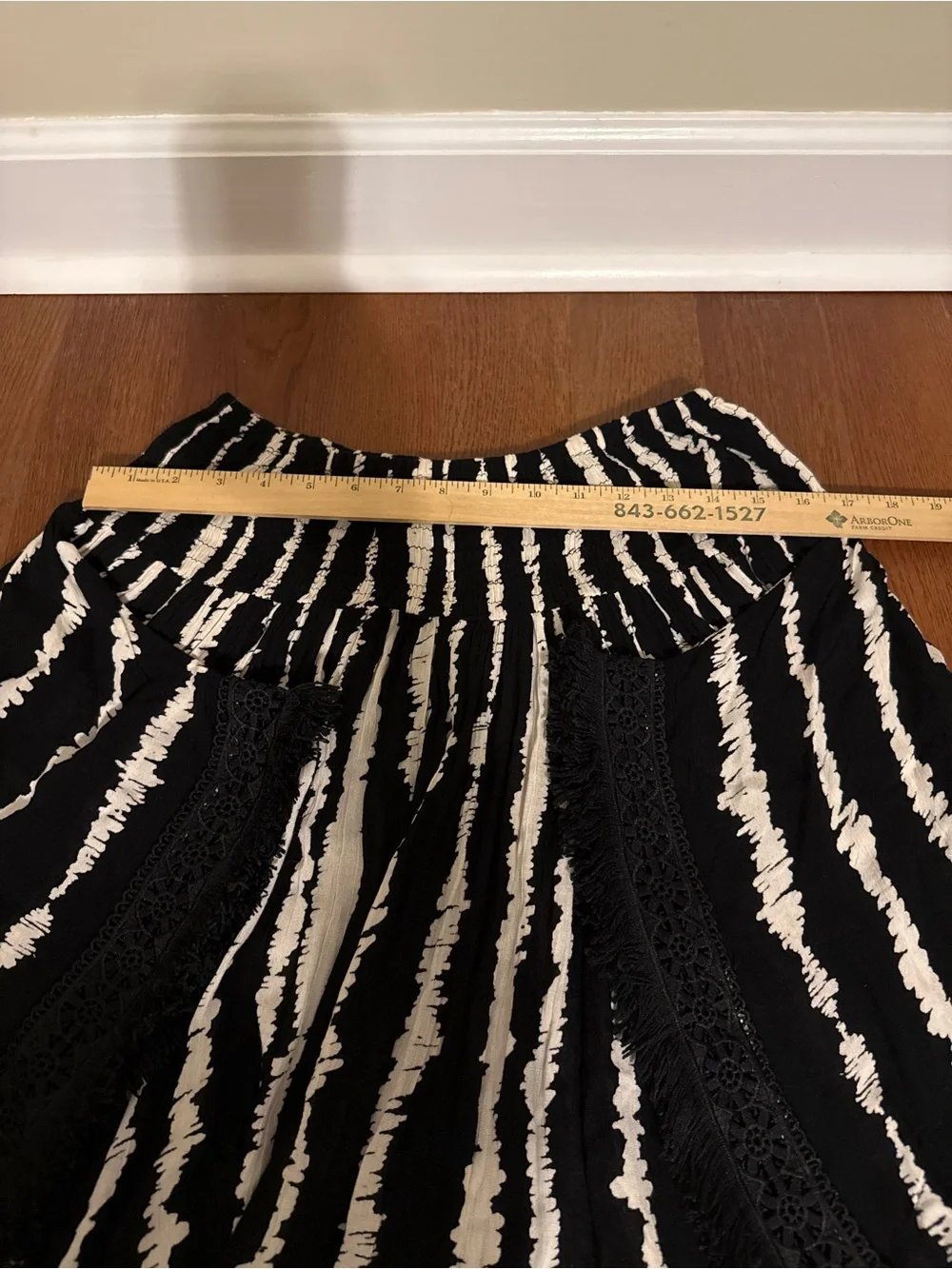 Mud Pie Black White Striped Boho Smocked Skirt Tassel Trim S/M Handkerchief